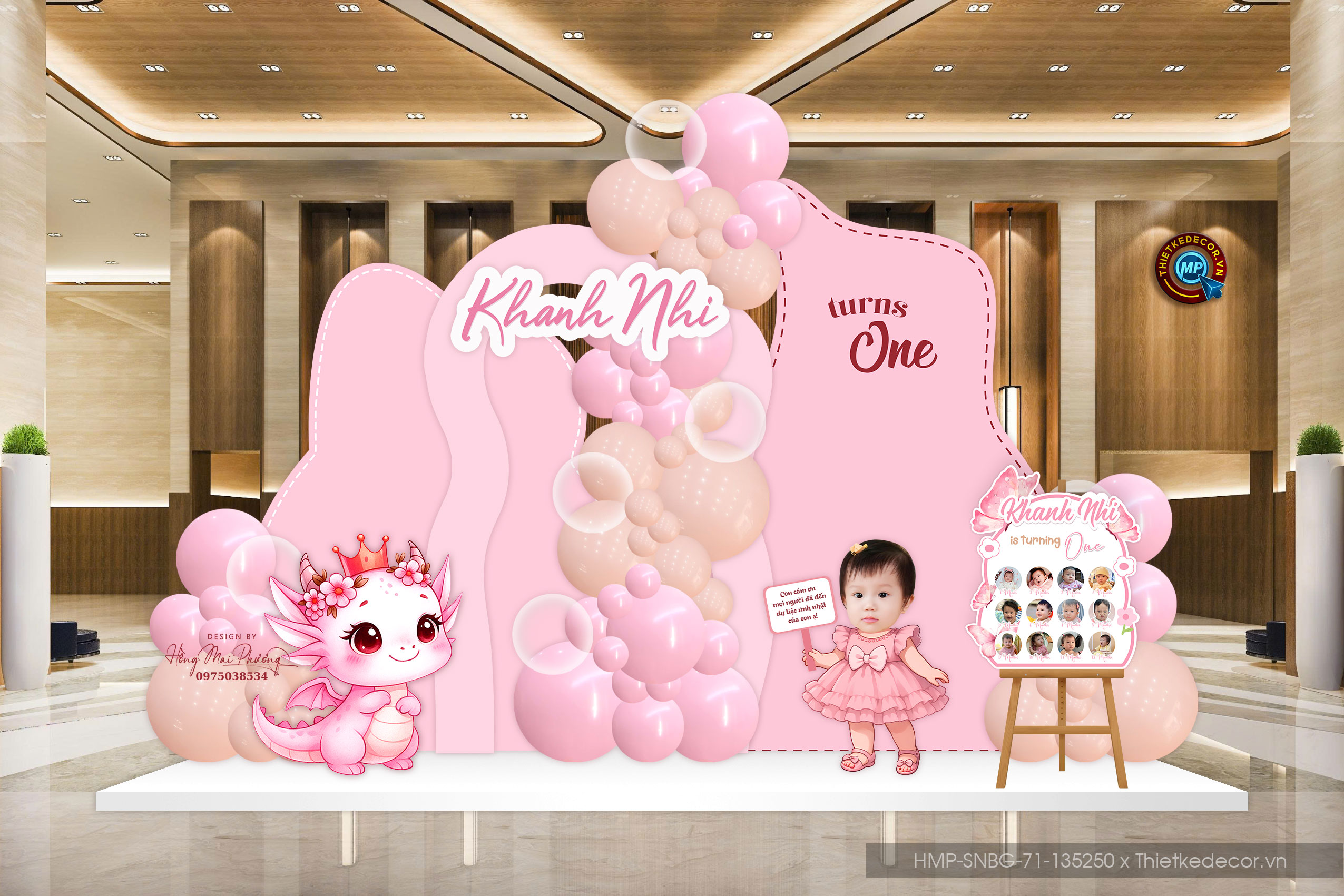 File thiết kế sinh nhật - thôi nôi bé gái tone hồng siêu xinh. Backdrop check in nhà nhà, tư gia.